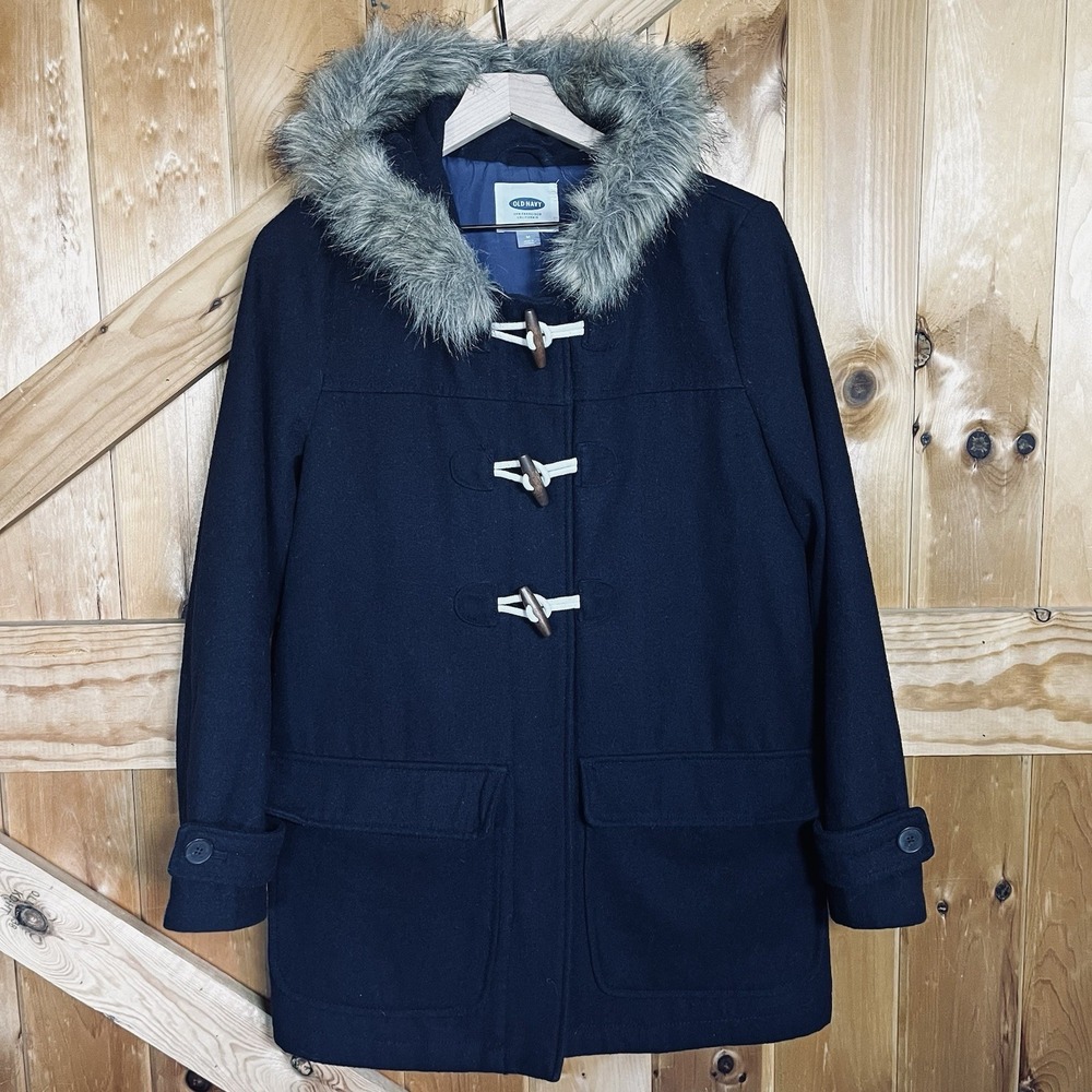 Old‎ Navy Navy Blue Duffle Toggle Coat Women's Medium Faux Fur Hood Zip Front